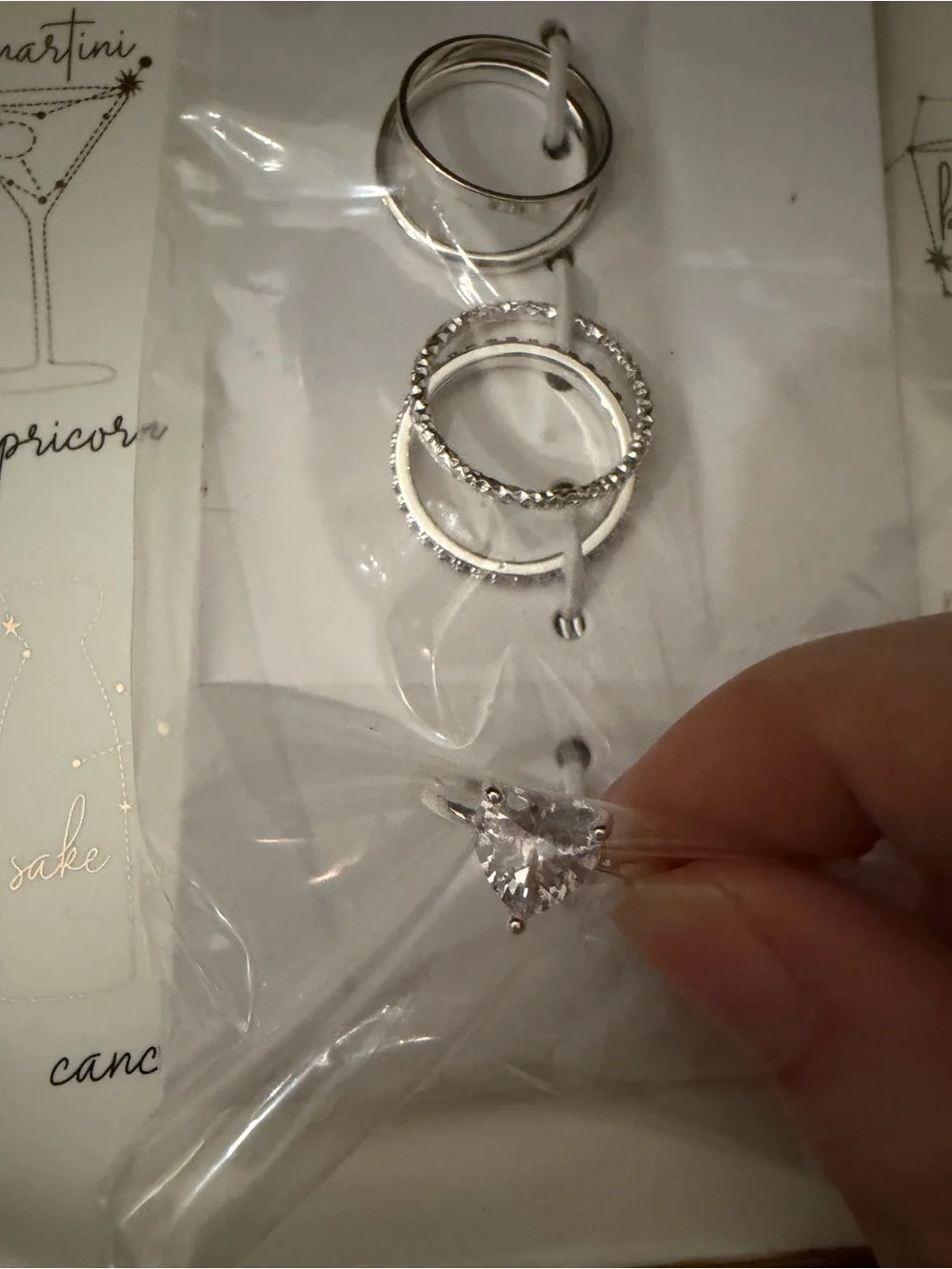 Time and Tru Silver Stackable Ring Set with Textured Bands and heart solitaire